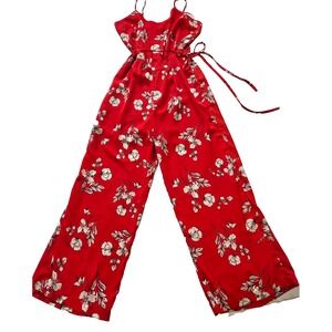 Skies are Blue Floral Sleeveless Wide Leg Boho Jumpsuit Red White Floral Sz M